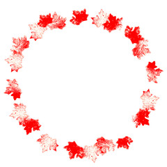 Graphic hand drawn printed red mapple leaves. Circle frame for prints, posters, web nad cards