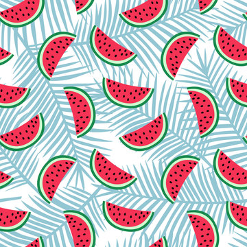 slice of red watermelon on a light blue palm leaves background pattern summer sweet fruit tropical exotic hawaii seamless vector