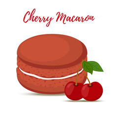 Vector cherry macaron with meringue cream. Cartoon flat style