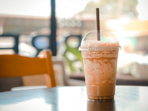 Caramel Macchiato freppe at coffee shop.