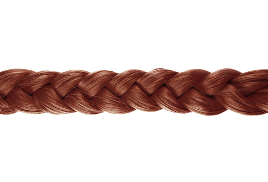 blond plait or braid of brown hair on white background