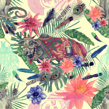 Seamless watercolor hand drawn pattern with indian cow, monkey leaves, flowers.