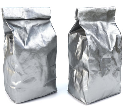 Foil bag package. Foil packaging isolated on white background. 3d rendering.
