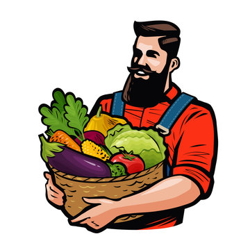 Farmer holding a basket full of vegetables. Agriculture, farming concept. Cartoon vector illustration