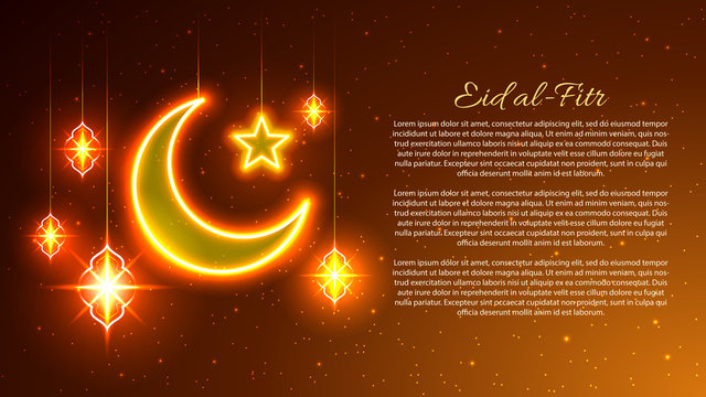 Eid al-Fitr. Template of design of a holiday banner in a modern style. Neon style. Islamic and Arabic background for the holiday of the Muslim community. Ramadan Kareem. Vector illustration