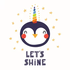 Dekokissen Hand drawn vector illustration of a cute funny penguin with a unicorn horn, lettering quote Lets shine. Isolated objects. Scandinavian style flat design. Concept for children print. © Maria Skrigan