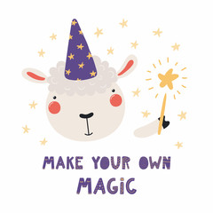 Hand drawn vector illustration of a cute funny sheep in a wizard hat, holding magic wand, with quote Make your own magic. Isolated objects. Scandinavian style flat design. Concept for children print