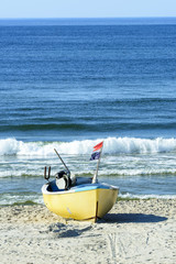 Fishing boat on Baltic Beach in Piaski near Krynica Morska, Poland