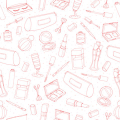 Vector cosmetics repeat pattern with bottles, lacquer, lipstick, eye shadows, mascara and powder outline on the white background. Hand drawn makeup products line art.
