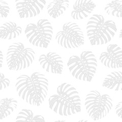 Vector tropical repeat pattern with gray monstera leaves. Hand drawn exotic background design.