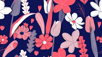Fototapeten Floral seamless pattern, hand drawn flowers and plants in blue and red tones © momosama