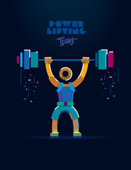 Powerlifting Muscular man training lunges with barbells over head. Vector color line pictogram