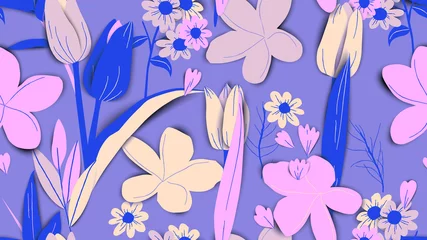 Zelfklevend Fotobehang Floral seamless pattern, hand drawn flowers and plants in purple and pink tones © momosama