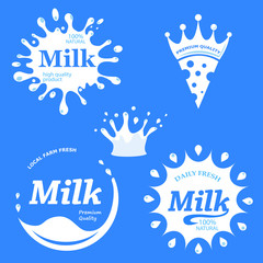 Milk labels vector set. Splash and blot design, milk product logo