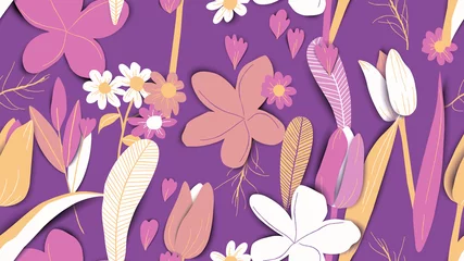 Fotobehang Floral seamless pattern, hand drawn flowers and plants in purple and pink tones © momosama