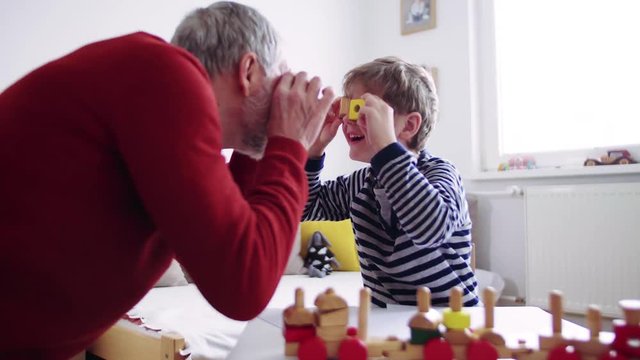 Senior grandfather with a small grandson at home playing.