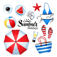summertime illustration set of beach accessories