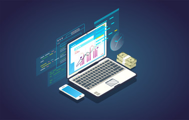 Finance analysis computer web app. Isometric laptop with chart and financial growth graph. Money and mobile phone. Finance report and plan for business.