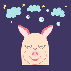 Amusing hand-drawn pig with clouds and stars. Hand-drawn greeting card.