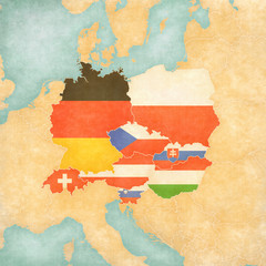 Map of Central Europe - Flags of all countries