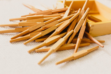 Wood montessori material, class at school with math bars
