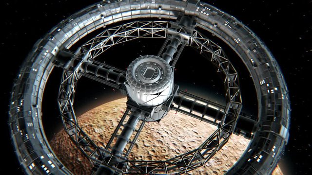 Giant sci-fi torus. Circular space station rotate on Mercury background, 3d animation. Texture of the Planet was created in the graphic editor without photos and other images.