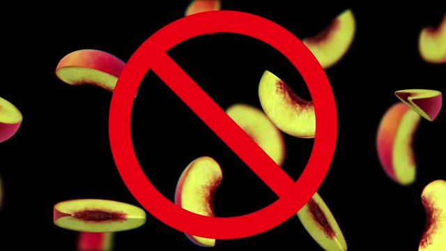 Dangerous harmful peaches in prohibition sign, 3d animation on black background, seamless loop.