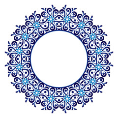Ceramic tile pattern. Decorative round ornament. White background with art frame. Islamic, indian, arabic motifs.