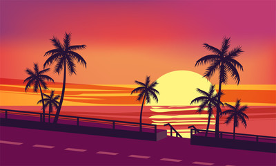 Sunset, ocean, evening, palm trees sea shore, vector, illustration, isolated, cartoon style