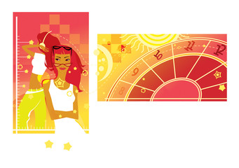 Two dreamy girls with a yellow and crimson background. Time and future.