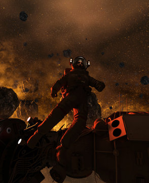 3d illustration of an Astronaut in Asteroid Field,scifi fiction