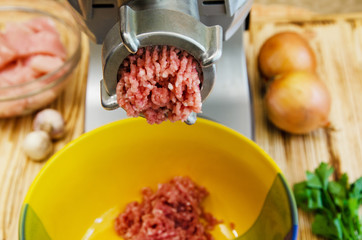 Preparation of minced meat from meat of veal on an electric meat grinder