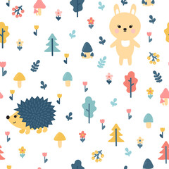 Hand drawn seamless pattern with bunny and hedgehog. Wrapping paper. Stylish doodle forest. Background for your design