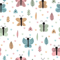 Fototapeten Handgezeichnetes nahtloses Muster mit Schmetterlingen und Motten. Kreativer skandinavischer kindlicher Hintergrund. Stilvolle Dekorationselemente © Helen Sko