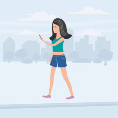 Fototapeta na wymiar PrintGirl teenager looks in smartphone on the go, background city, vector, illustration, cartoon style, isolated