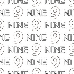 Seamless pattern with numeral and word nine. Coloring page.