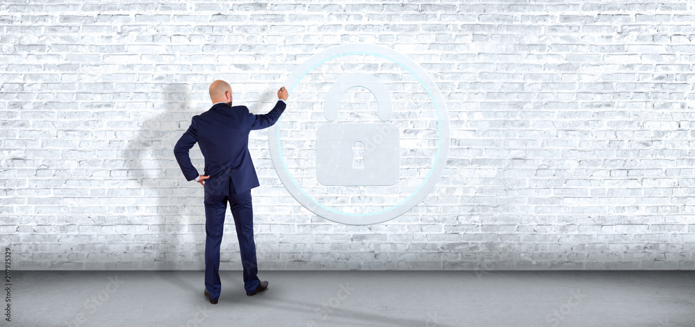 Poster man holding a shield web security concept 3d rendering