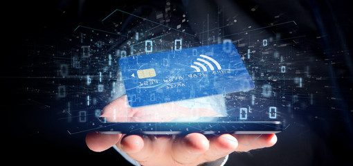 Man holding a contactless credit card payment concept 3d rendering