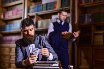 Writing and fees concept. Writer or author with strict face