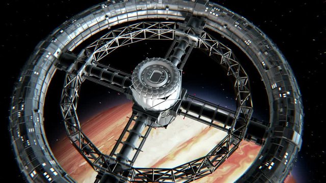Giant sci-fi torus. Circular space station rotate on Jupiter background, 3d animation. Texture of the Planet was created in the graphic editor without photos and other images.