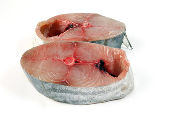 Spanish Mackerel fish ikan tenggiri pieces fillet on white background