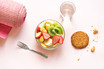 Pink yoga mat and Healthy Breakfast