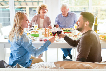 Portrait of happy modern couple clinking wine glasses during family dinner in sunlight