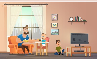 Father Sitting at Home With Childrens Vector