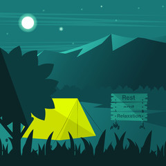 Camping in der Nacht, mit Zelt und Schild in Berglandschaft mit Textfreiraum