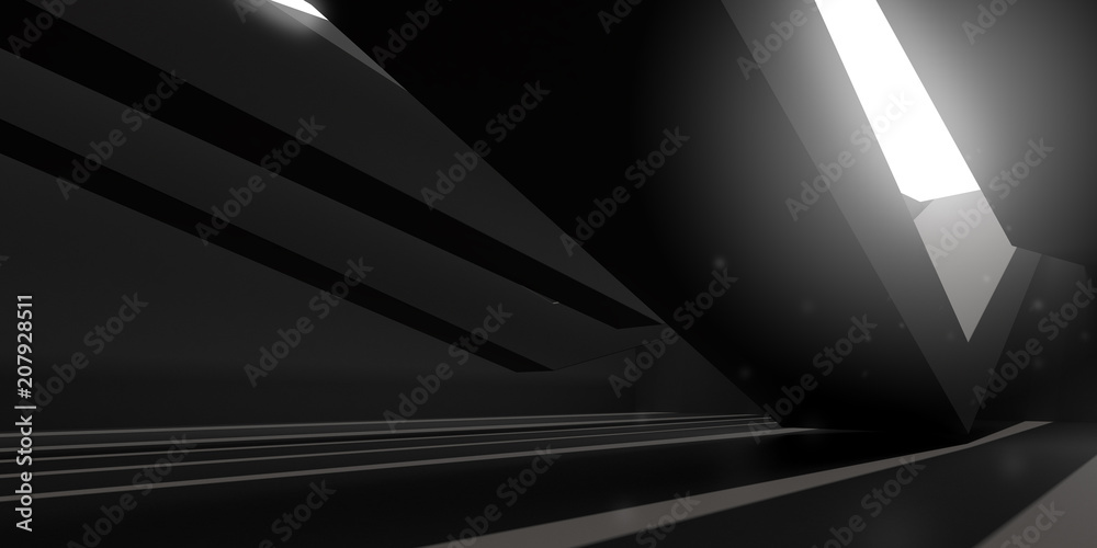 Poster 3d stimulate of dark interior space with sun light cast the roof shadow on the wall and floor,perspe