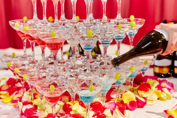 Catering service. Wedding slide champagne for bride and groom.  Business, catering service.  Beauty of interior for wedding day.