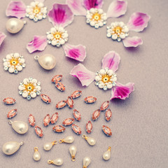 Materials and accessories for sewing. The beginning of embroidery dresses. Decoration of dresses, bags and costumes.