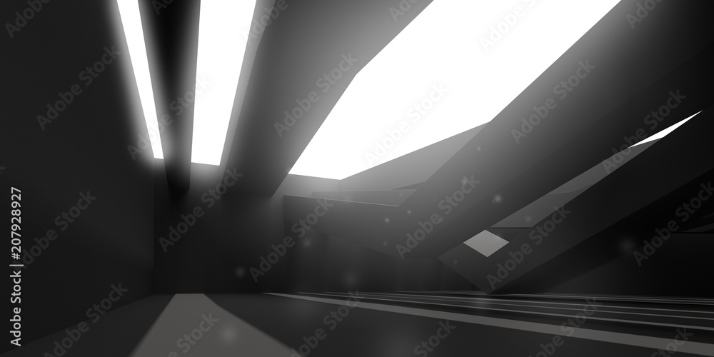 Aufkleber 3d stimulate of dark interior space with sun light cast the roof shadow on the wall and floor,perspe