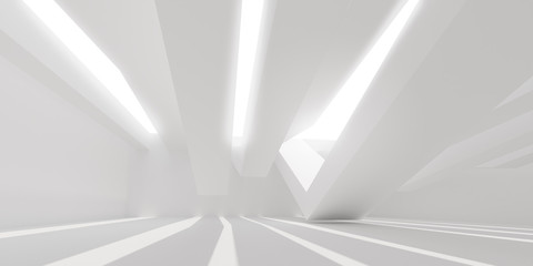 3D stimulate of white interior space with sun light cast the roof shadow on the wall and floor,Perspective of minimal design architecture,3d rendering	